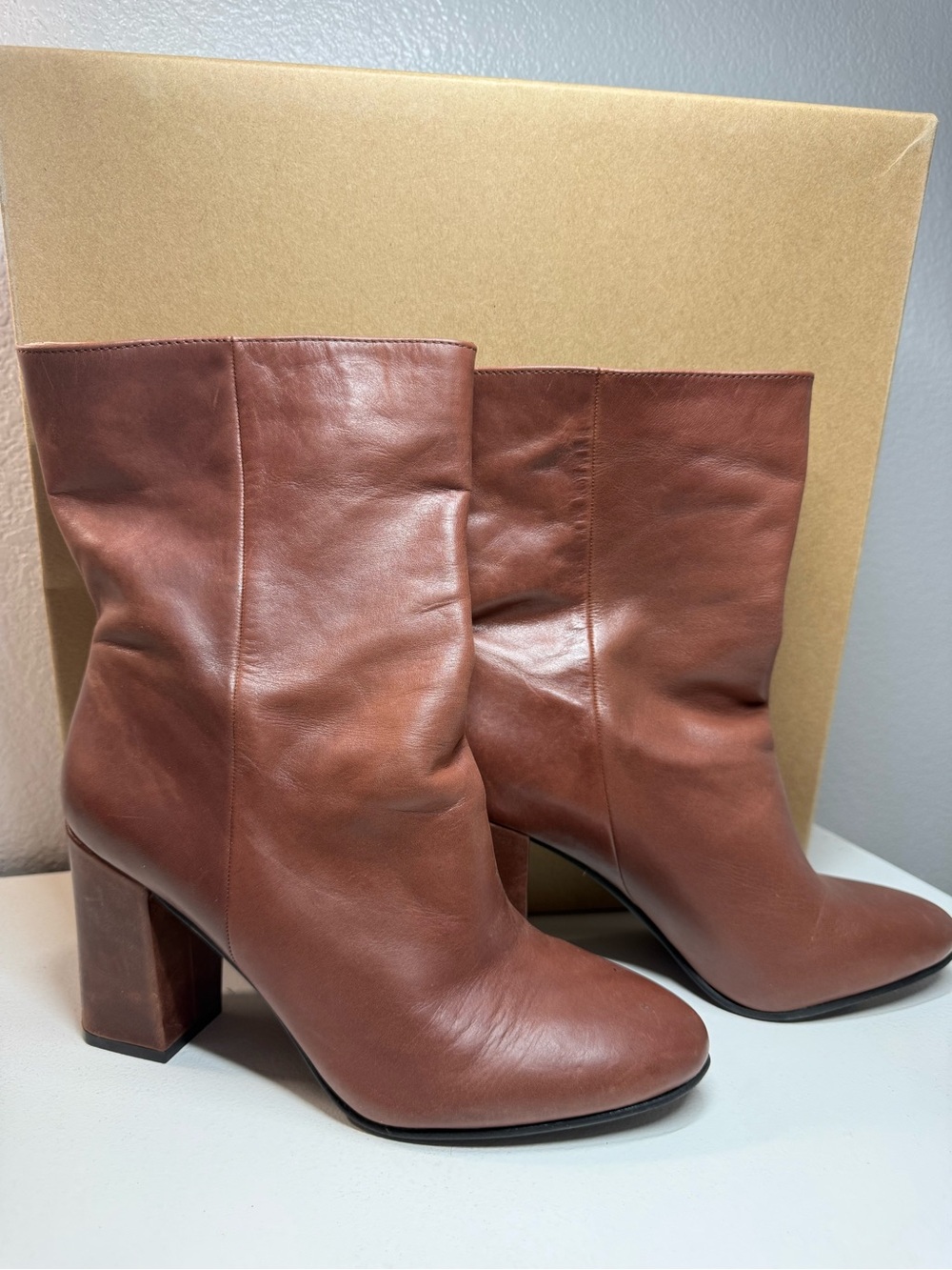 Lucky Brand Cognac Brown Leather Mid-Calf Block Heel Boots